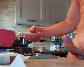 I try to cook with my hard cock again, but in the end I give myself a handjob